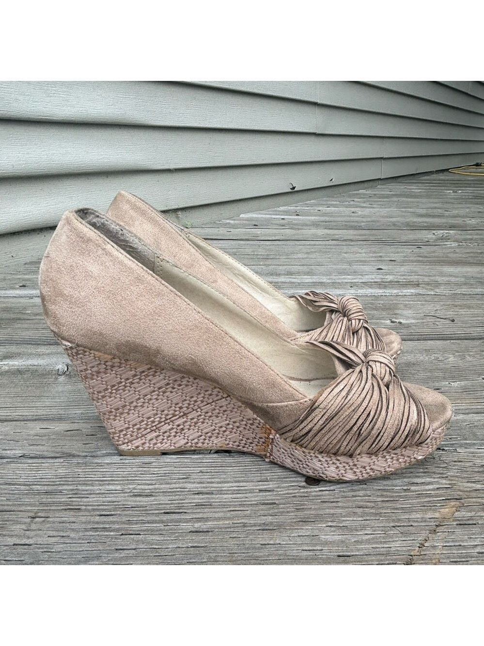 Soda Tan Wedge Peep-Toe Shoes with Textured Heel
